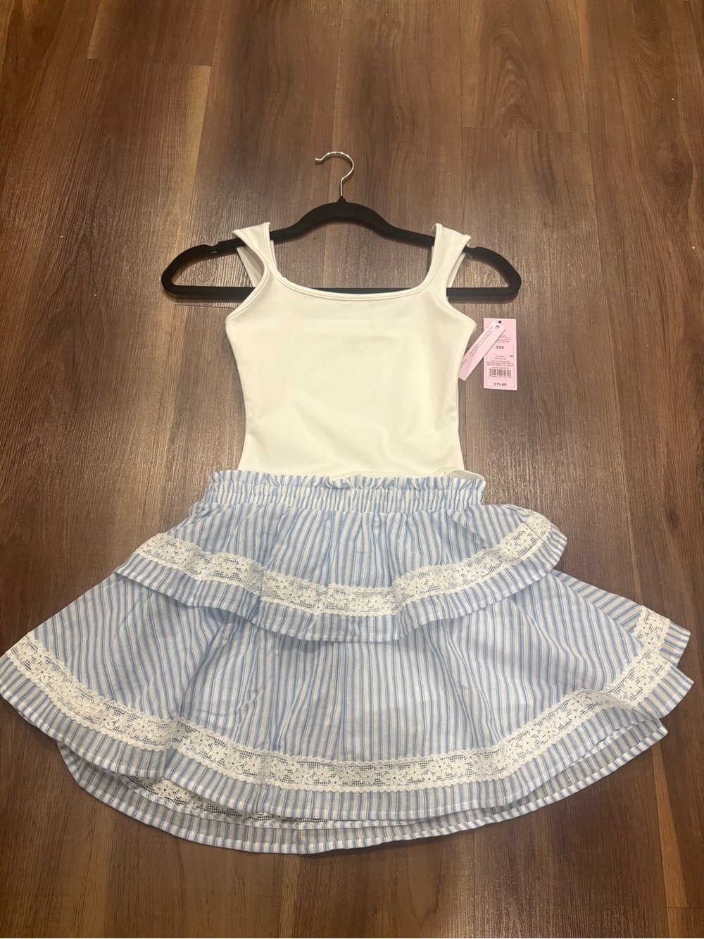 Woman’s White Tank Topt with Blue Striped Ruffle Skirt - Cute Summer Set